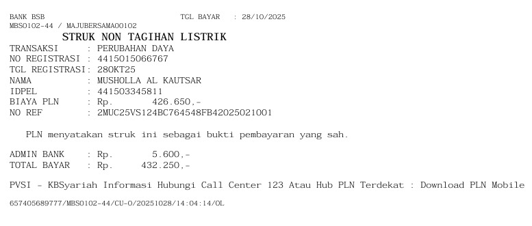 Sumbangan untuk Penerangan Tambah daya listrik Musholla Al Kautsar, Moncok Karya Ampenan